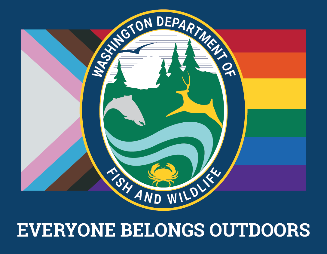 This is a rectangle-shaped logo with dark blue border around a Rainbow Pride LGTBQ Flag, and centered on top of the flag is small colorful oval shaped WDFW Logo with carton images of pine trees, a river, a fish, crab and deer. At the bottom of the rectangle, it reads: EVERYONE BELONGS OUTDOORS in white, all capital letters.